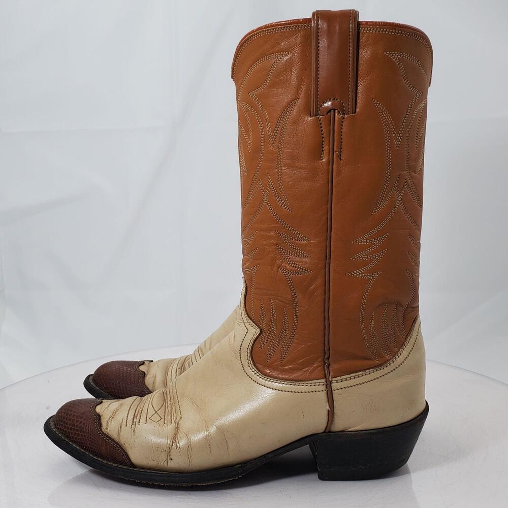 Vintage Justin L 4071 Western Boots Women 7 B Brown Cream Leather/Lizard 2-Tone